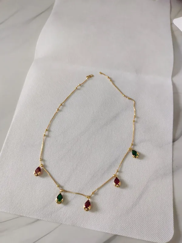 Gold_Plated_Red_Green_Gemstone_Drop_Charm_Necklace_For_Women