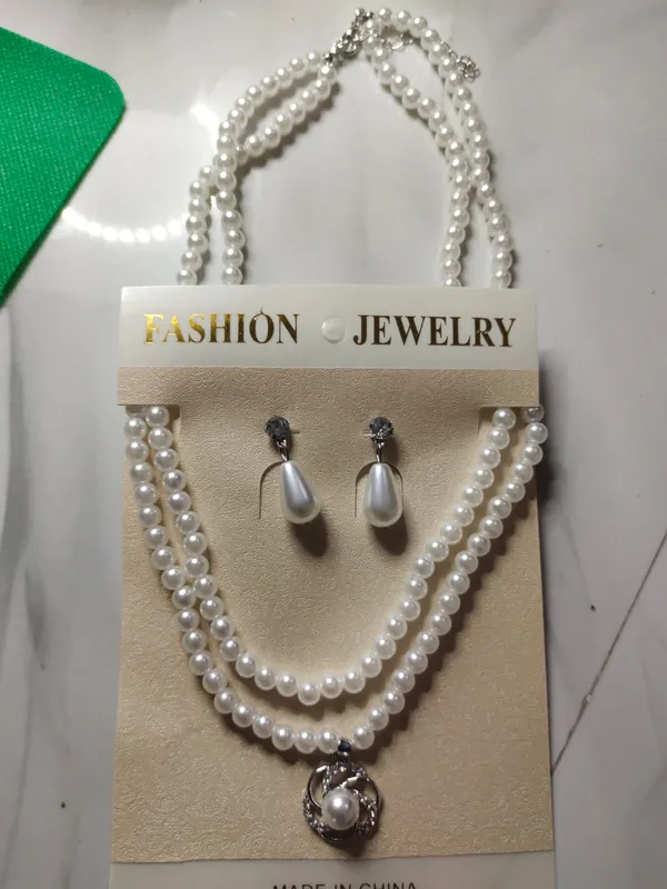 White_Pearl_Multi_Strand_Necklace_Set_With_Drop_Earrings_For_Women