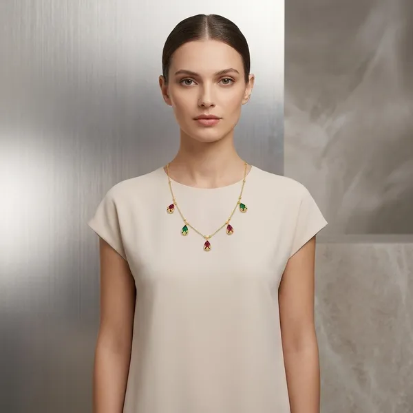 Gold_Plated_Red_Green_Gemstone_Drop_Charm_Necklace_For_Women