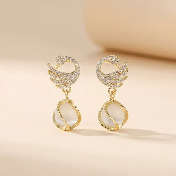 Gold_Tone_Swan_Design_Drop_Earrings_With_Pearl_Accent