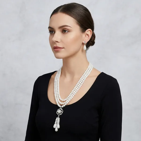 White_Pearl_Multi_Strand_Necklace_Set_With_Drop_Earrings_For_Women