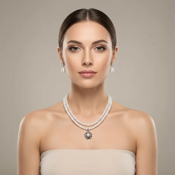 White_Pearl_Double_Strand_Pendant_Necklace_Set_With_Earrings_For_Women