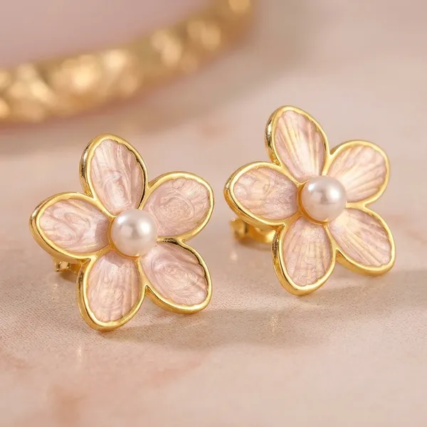 Pink_Enamel_Flower_Stud_Earrings_with_Pearl_Center_for_Women