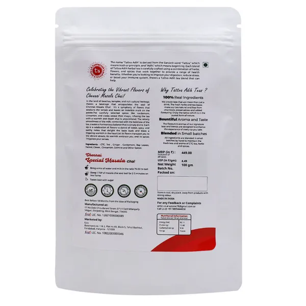 Tattva_Adih_Chennai_Special_Masala_Chai,100G,_60+Cups,Ctc_Blended_With_Ginger,_Cardamon,_Bay_Leaves,_Fennel,_Cloves,_Cinnamon,_Golmire_And_Other_Species_Premium_Blend_In_Pouch_Packaging