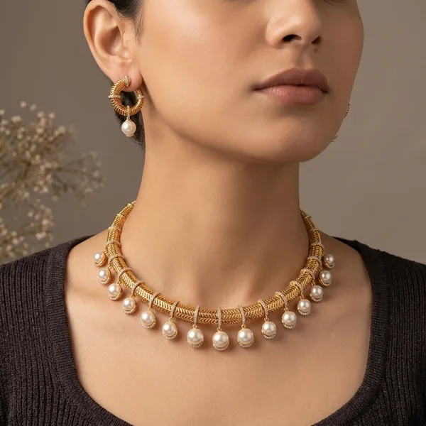 Textured_Gold_Collar_Necklace_and_Hoop_Earrings_Set_with_Pearl_Drops