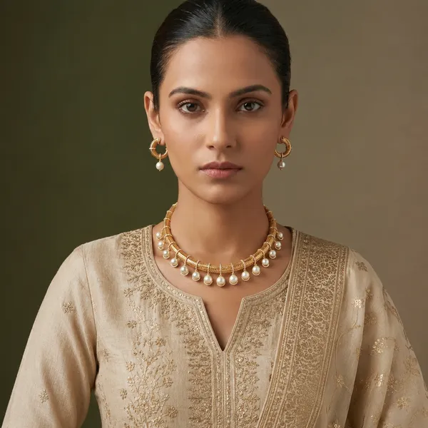 Textured_Gold_Collar_Necklace_and_Hoop_Earrings_Set_with_Pearl_Drops