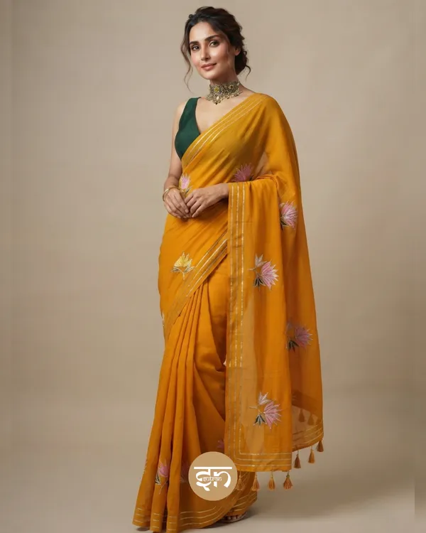 Gulbahar:_Mustard_Yellow_Mul_Cotton_Saree_With_Embroidery_&_Sequin_Work_For_Women