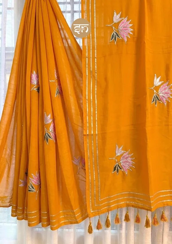 Gulbahar:_Mustard_Yellow_Mul_Cotton_Saree_With_Embroidery_&_Sequin_Work_For_Women