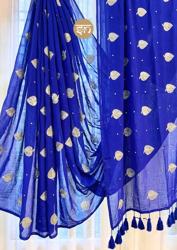 Moonlit_Leaves:_Royal_Blue_Pure_Mul_Cotton_Saree_with_Elegant_Leaf_Sequin_Embroidery_Work