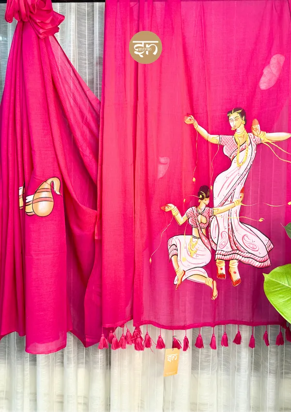 Dola_Re:_Pink_&_Multicolor_Mul_Cotton_Saree_With_Hand-Painted_Work_For_Women