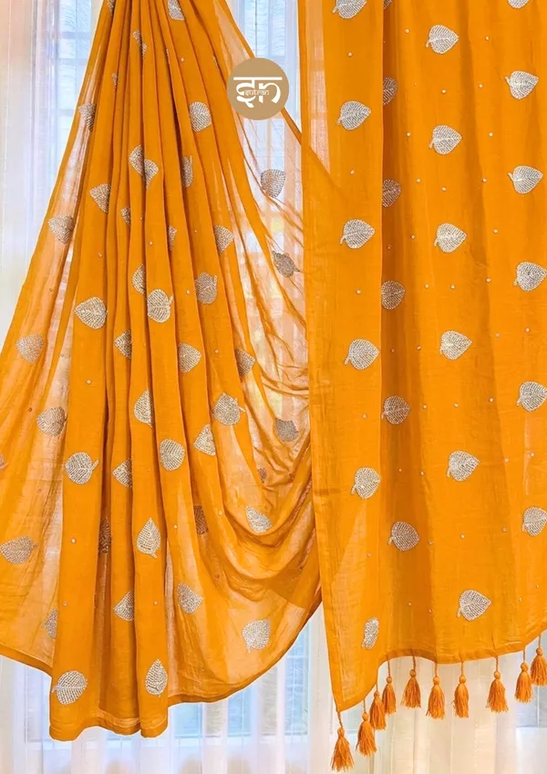Moonlit_Leaves:_Mustard_Yellow_Pure_Mul_Cotton_Saree_with_Elegant_Leaf_Sequin_Embroidery_Work