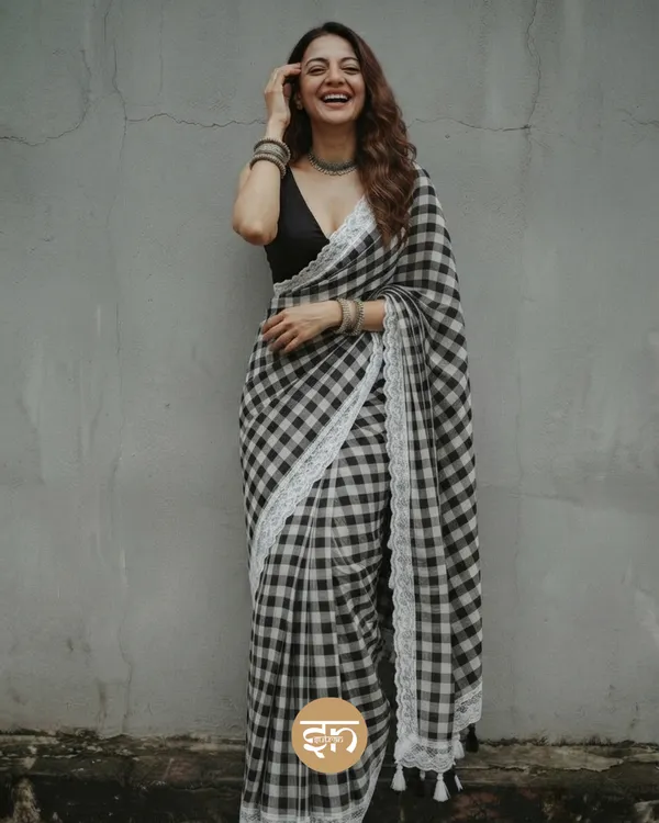 Feather_Loom_Threads:_Black_Pure_Mul_Cotton_Gingham_Saree_with_Lace_Border