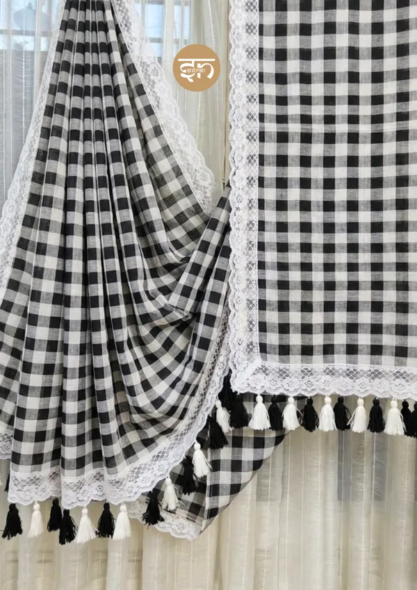 Feather_Loom_Threads:_Black_Pure_Mul_Cotton_Gingham_Saree_with_Lace_Border