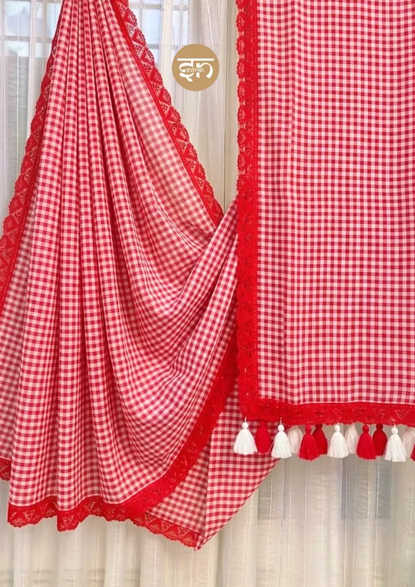 Feather_Loom_Threads:_Red_Pure_Mul_Cotton_Gingham_Saree_with_Lace_Border