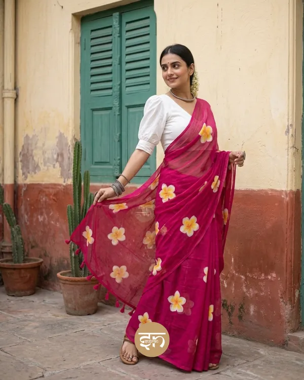 Ever_Blooming:_Pink_&_Yellow_Mul_Cotton_Saree_With_Hand-Painted_Work_For_Women