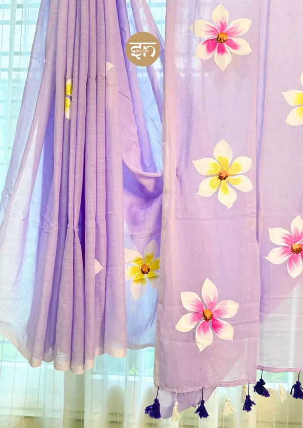 Ever_Blooming:_Lavender_Mul_Cotton_Saree_With_Hand-Painted_Work_For_Women