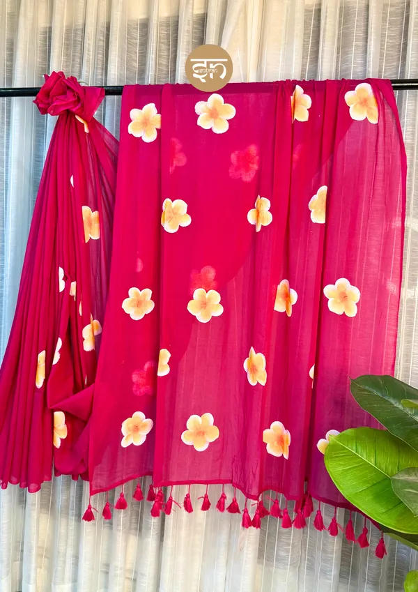 Ever_Blooming:_Pink_&_Yellow_Mul_Cotton_Saree_With_Hand-Painted_Work_For_Women