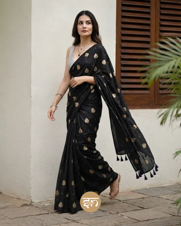 Moonlit_Leaves:_Black_Pure_Mul_Cotton_Saree_with_Elegant_Leaf_Sequin_Embroidery_Work