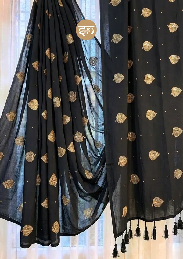Moonlit_Leaves:_Black_Pure_Mul_Cotton_Saree_with_Elegant_Leaf_Sequin_Embroidery_Work
