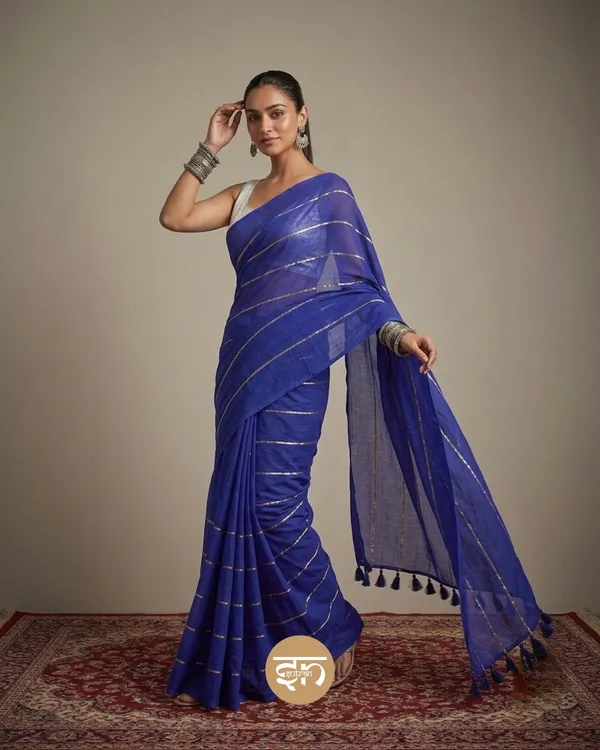 Jashn-E-Bahara:_Royal_Blue_&_Silver_Mul_Cotton_Saree_With_Sequin_Work_For_Women