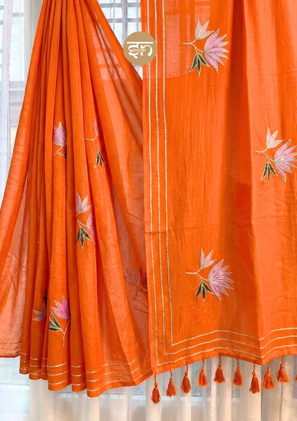 Gulbahar:_Orange_Mul_Cotton_Saree_With_Embroidery_&_Sequin_Work_For_Women
