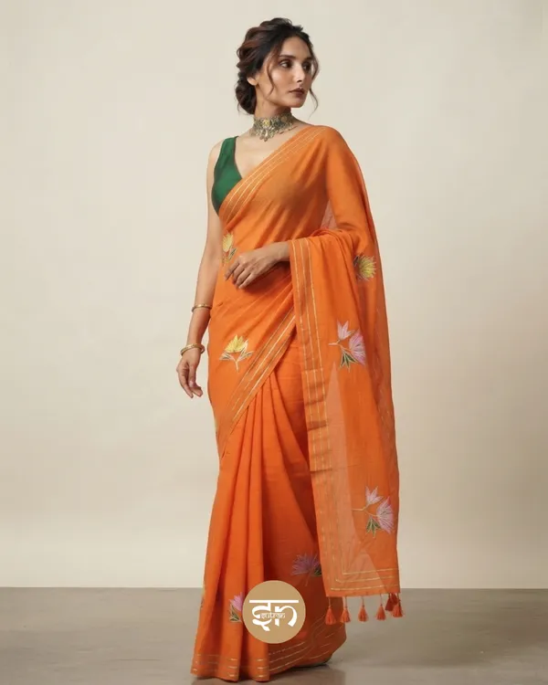 Gulbahar:_Orange_Mul_Cotton_Saree_With_Embroidery_&_Sequin_Work_For_Women