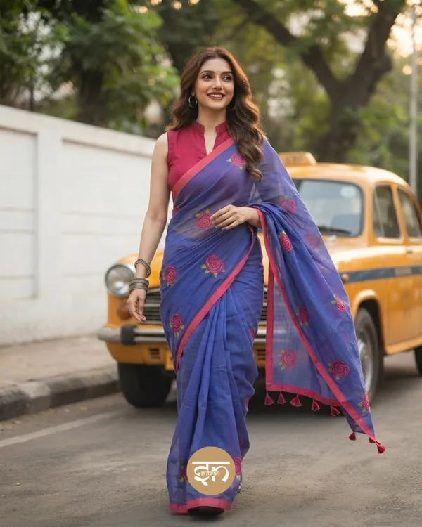 Seli_Fulkari:_Dual_Tone_Blue_and_Pink_Pure_Mul_Cotton_Saree_with_All-Over_Rose_Embroidery_Work