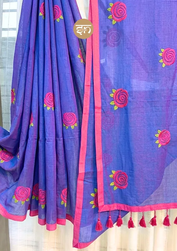 Seli_Fulkari:_Dual_Tone_Blue_and_Pink_Pure_Mul_Cotton_Saree_with_All-Over_Rose_Embroidery_Work
