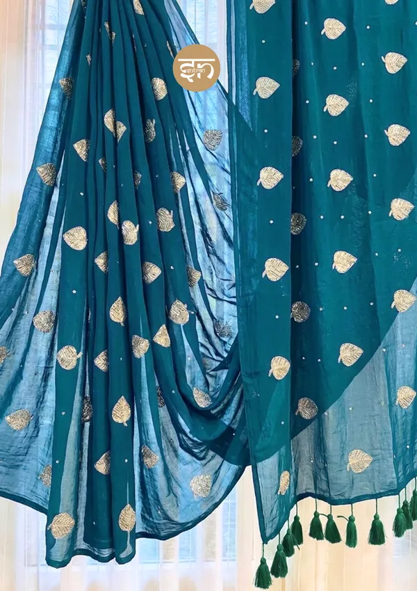 Moonlit_Leaves:_Teal_Pure_Mul_Cotton_Saree_with_Elegant_Leaf_Sequin_Embroidery_Work