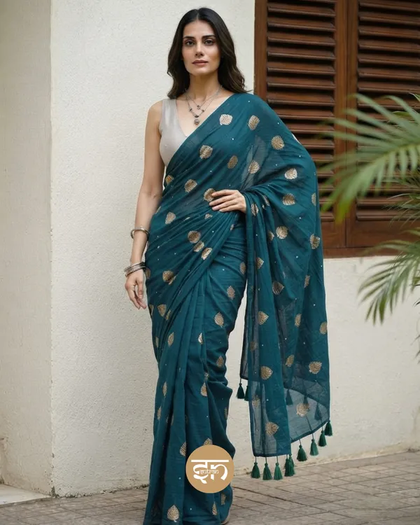 Moonlit_Leaves:_Teal_Pure_Mul_Cotton_Saree_with_Elegant_Leaf_Sequin_Embroidery_Work