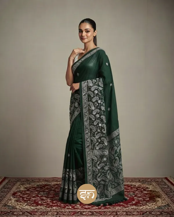 Khwaab_Buney_Hue:_Bottle_Green_Elegant_Mul_Cotton_Saree_with_Delicate_Chikankari_Work