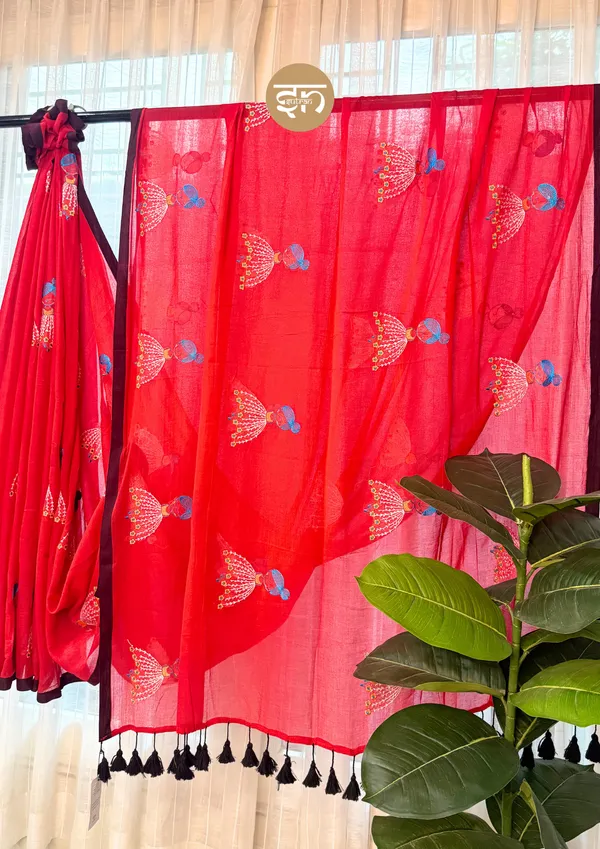 Dolly_Molly:_Red_&_Brown_Mul_Cotton_Saree_With_Embroidery_Work_For_Women