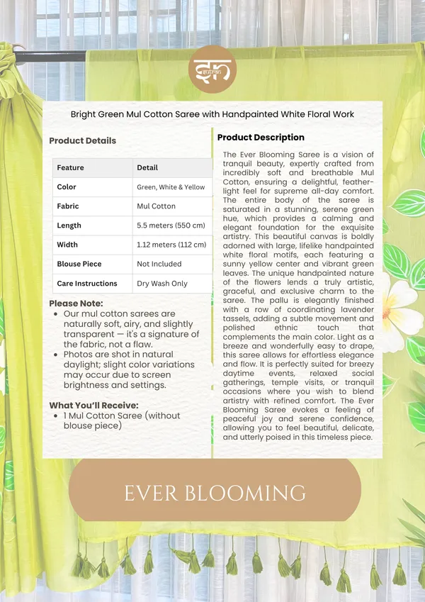 Ever_Blooming:_Green_&_White_Mul_Cotton_Saree_With_Hand-Painted_Work_For_Women