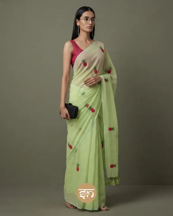 Tooty_Fruity:_Light_Green_&_Pink_Mul_Cotton_Saree_With_Embroidery_Work_For_Women