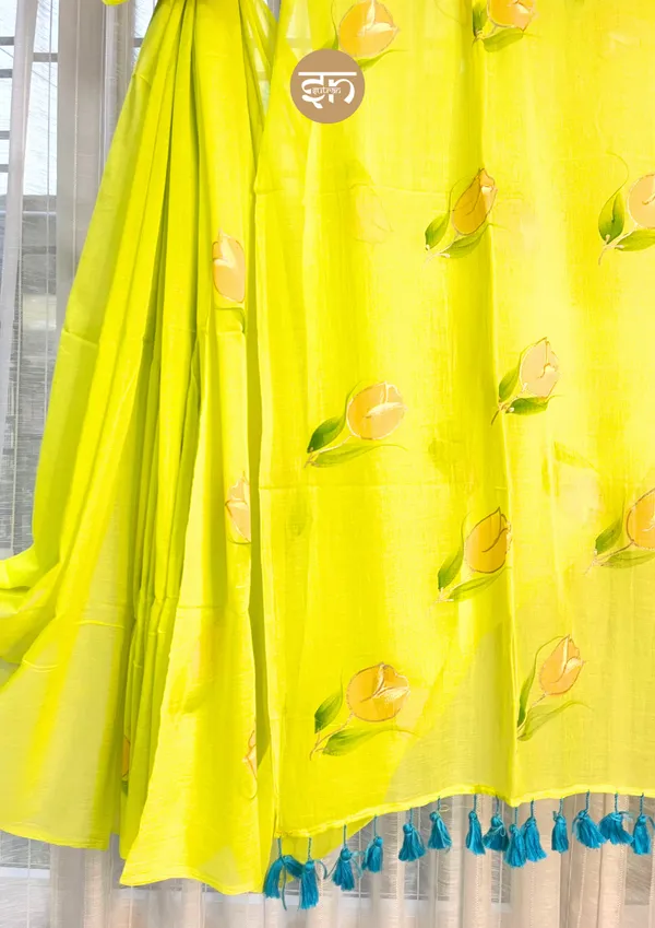 Rang_Rang_Mein:_Lime_Green_Mul_Cotton_Saree_With_Hand-Painted_Work_For_Women