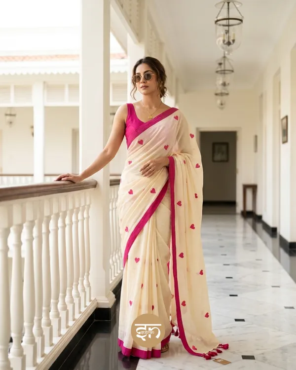 Dil_Dhadakne_Do:_Off-White_&_Pink_Mul_Cotton_Saree_With_Embroidery_Work_For_Women