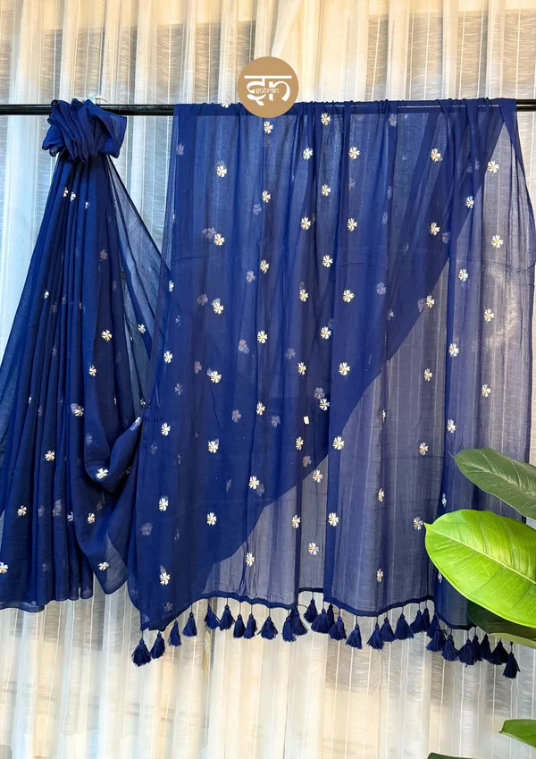 Truly_Shiuli:_Blue_Mul_Cotton_Saree_With_Embroidery_Work_For_Women