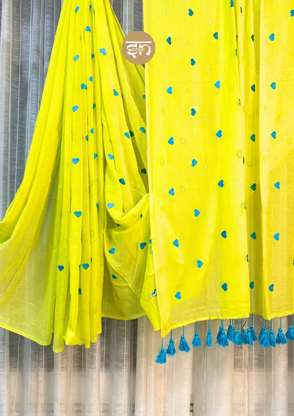 Dil_Dhadakne_Do:_Lime_Green_&_Turqoise_Mul_Cotton_Saree_With_Embroidery_Work_For_Women