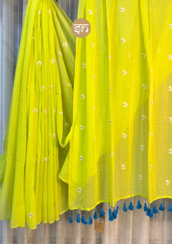 Truly_Shiuli:_Lime_Green_Mul_Cotton_Saree_With_Embroidery_Work_For_Women