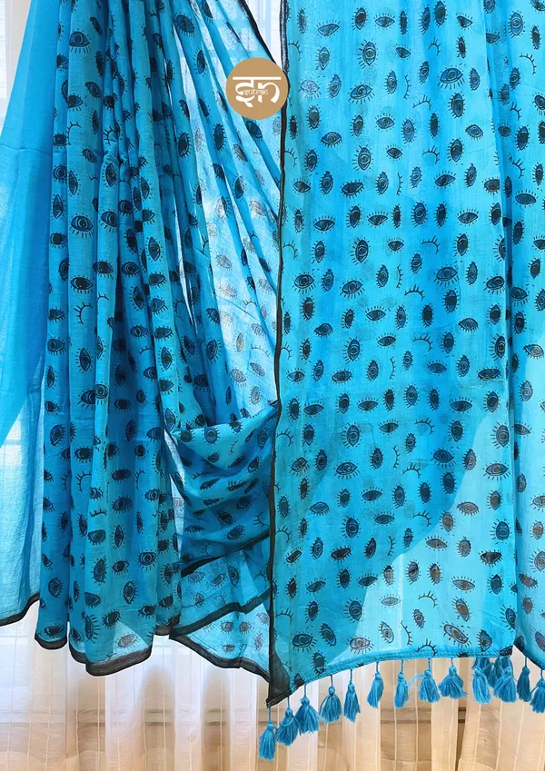 Drishti:_Aqua_Blue_&_Black_Mul_Cotton_Saree_With_Printed_Work_For_Women
