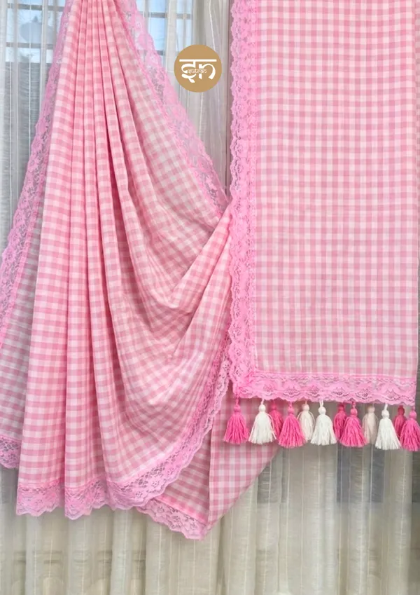Feather_Loom_Threads:_Gingham_Baby_Pink_Mul_Cotton_Saree_For_Women