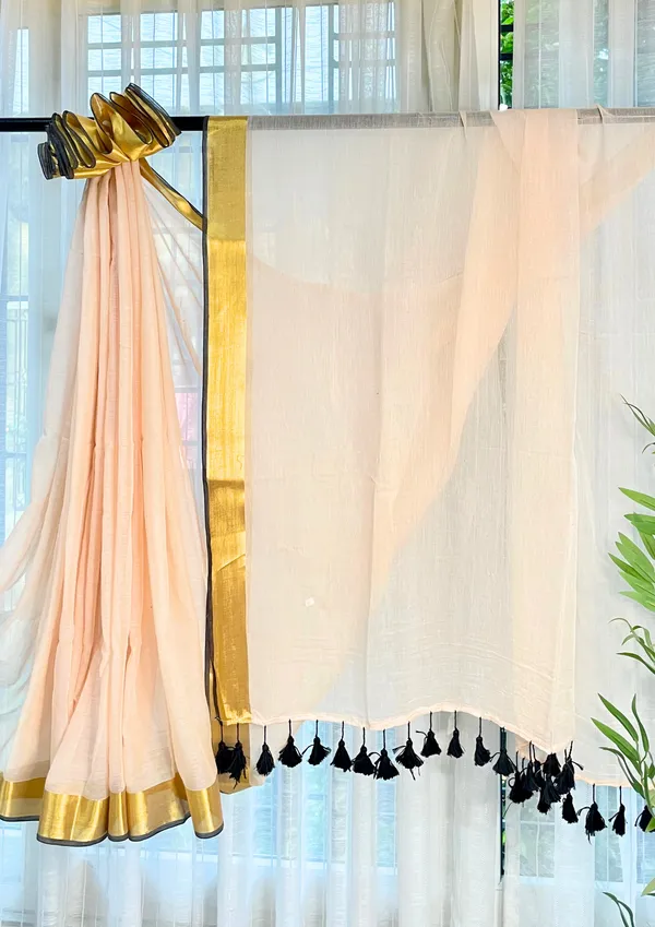 Anuragini:_Beige,_Golden_&_Black_Mul_Cotton_Saree_For_Women