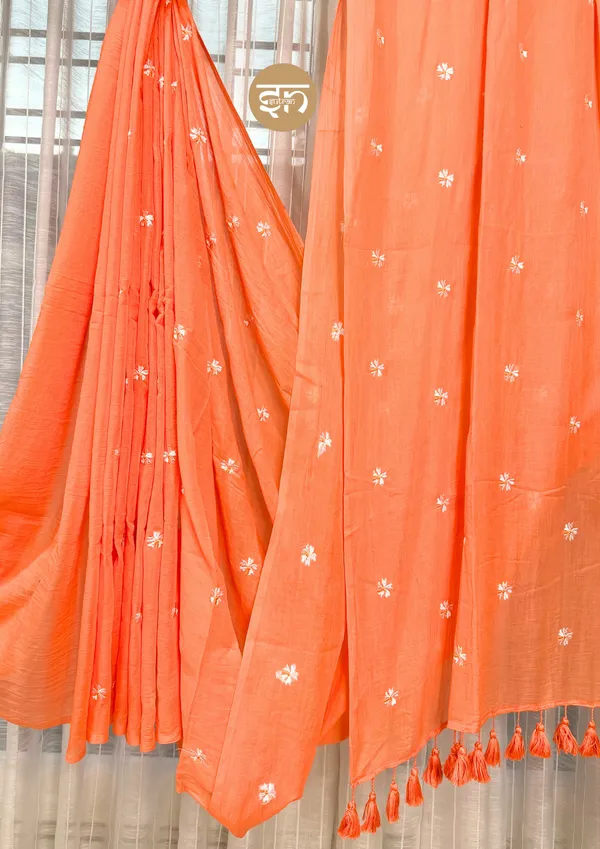 Truly_Shiuli:_Orange_Mul_Cotton_Saree_With_Embroidery_Work_For_Women