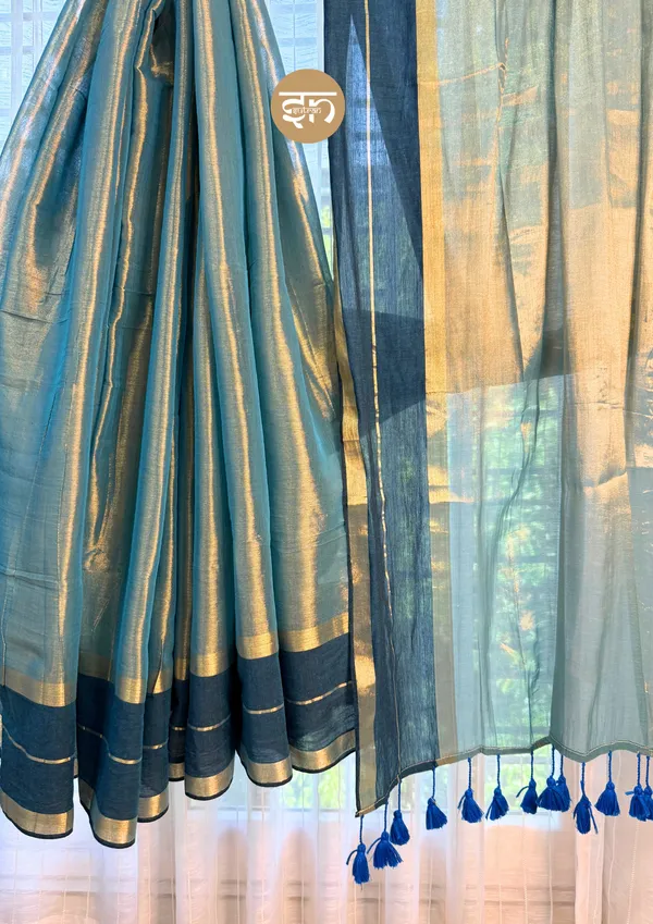 Taradhuli:_Blue_&_Golden_Raga_Tissue_Saree_With_Blouse_Piece_For_Women