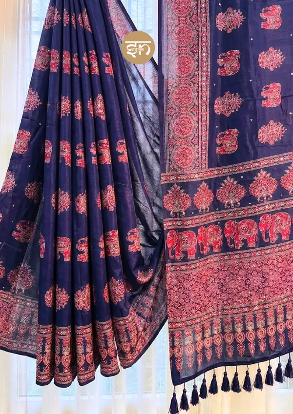 Sheesh_Chic:_Navy_Blue_Japan_Satin_Saree_with_Detailed_Ajrakh_Print_with_Mirror_Work