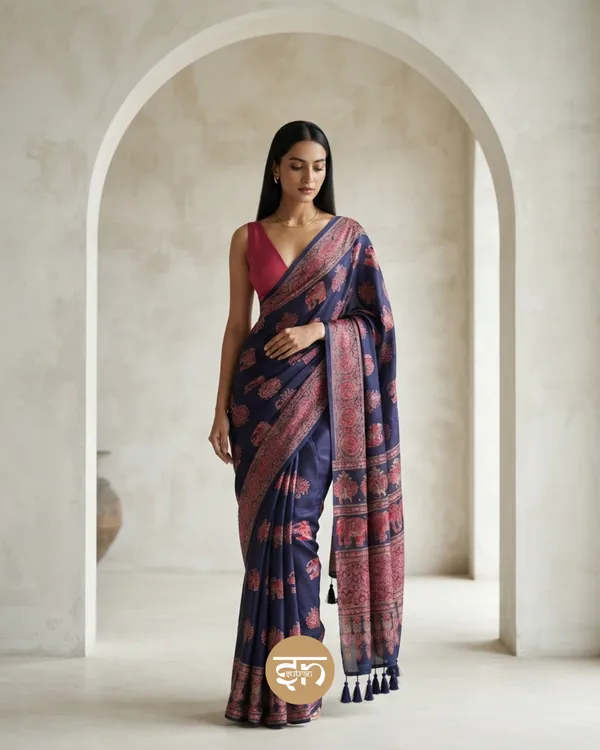 Sheesh_Chic:_Navy_Blue_Japan_Satin_Saree_with_Detailed_Ajrakh_Print_with_Mirror_Work