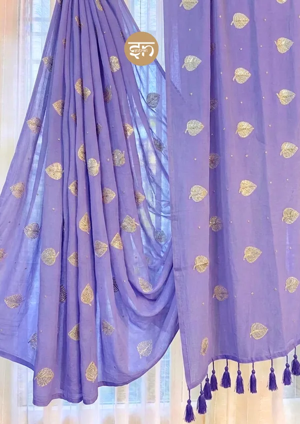 Moonlit_Leaves:_Lavender_Pure_Mul_Cotton_Saree_with_Elegant_Leaf_Sequin_Embroidery_Work