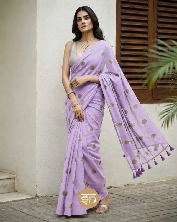 Moonlit_Leaves:_Lavender_Pure_Mul_Cotton_Saree_with_Elegant_Leaf_Sequin_Embroidery_Work