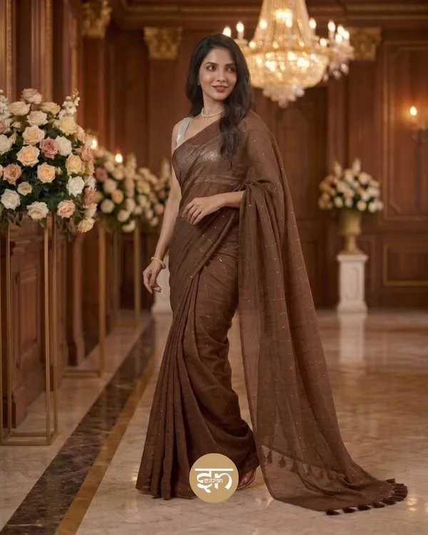 Sunehri_Sitare:_Brown_Mul_Cotton_Saree_With_Sequin_Work_For_Women