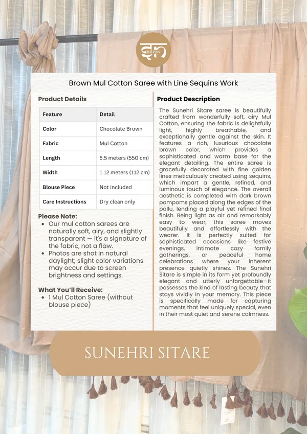 Sunehri_Sitare:_Brown_Mul_Cotton_Saree_With_Sequin_Work_For_Women